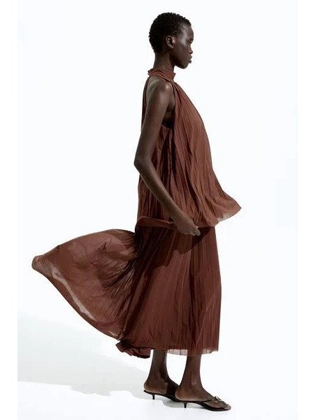 Nwt H&M Pleated Layered Maxi Dress In Chocolate Brown Size Xs
